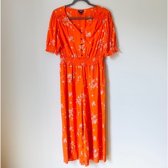 Orange Floral Short Sleeve Wide Leg Jumpsuit Elastic Waistband Size Medium - Picture 7 of 8